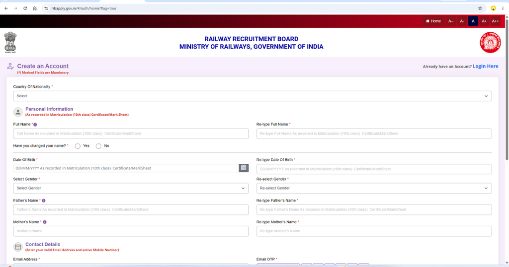 rrb ntpc online application process account creation form portal